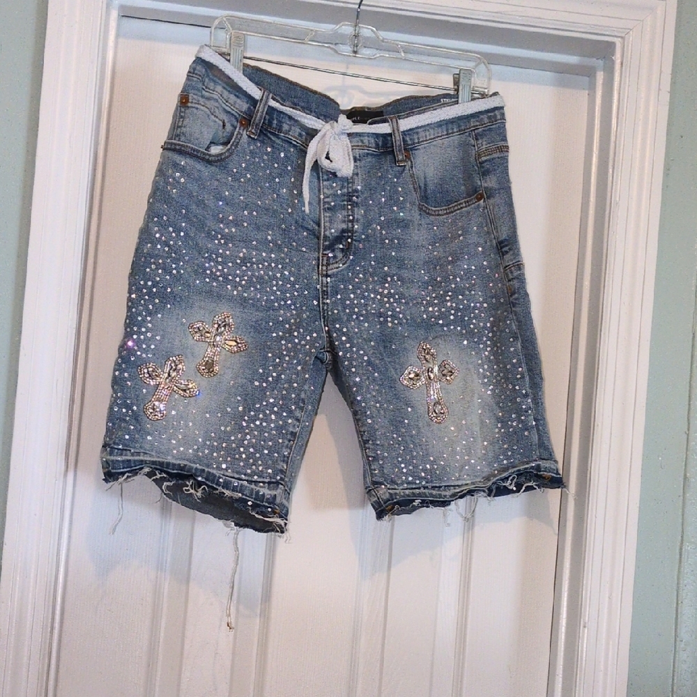 Stylish Blue Denim Shorts with Rhinestone Accents